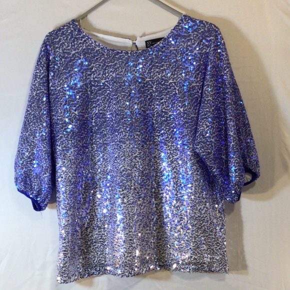 New York and company women’s sequin top blue size Large holiday sparkle glitter - Picture 1 of 9